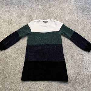 White, Green, Navy, and Black Striped Mini Sweater Dress Women’s Small